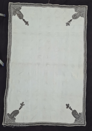 Very Fine Kantha Quilted and embroidered White on White, With Paisley Bute Design in four Corners, cotton Kantha Probably From East Bengal(Bangladesh) region, India. c.1850-1875. Its size is 136cmX200cm (20210208_171122).   