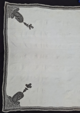 Very Fine Kantha Quilted and embroidered White on White, With Paisley Bute Design in four Corners, cotton Kantha Probably From East Bengal(Bangladesh) region, India. c.1850-1875. Its size is 136cmX200cm (20210208_171122).   