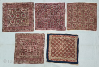 Ceremonial Block Print Cushions , 
Chintz Kalamkari Wood Block And Hand-Drawn, Mordant- And Resist-Dyed Khadi Cotton, From Rajasthan India. India. 

C.1850-1900. 

Approx Sizes are 60cmX65cm(20220208_150756).        