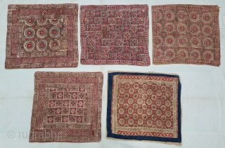 Ceremonial Block Print Cushions , 
Chintz Kalamkari Wood Block And Hand-Drawn, Mordant- And Resist-Dyed Khadi Cotton, From Rajasthan India. India. 

C.1850-1900. 

Approx Sizes are 60cmX65cm(20220208_150756).        