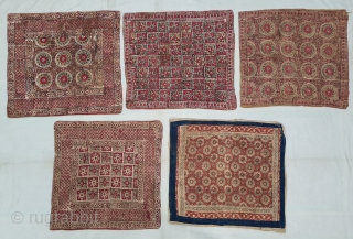 Ceremonial Block Print Cushions , 
Chintz Kalamkari Wood Block And Hand-Drawn, Mordant- And Resist-Dyed Khadi Cotton, From Rajasthan India. India. 

C.1850-1900. 

Approx Sizes are 60cmX65cm(20220208_150756).        