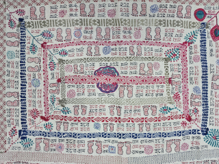 Rare calligraphy Kantha,
(Mansion As "Hare Ram Hare Ram Hare Hare, Hare Krishna Hare Krishna Hare Hare ")

Quilted and embroidered on the cotton with cotton embroidery, Probably from the Region of West Bengal  ...