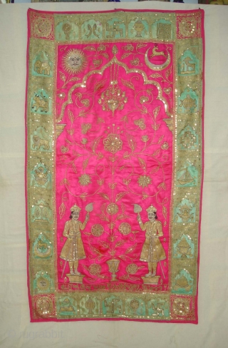 Mochi Bharat Embroidery of Gold and Silver zari work.Its Jain Ashatmangal and 24 Sapanas (Dreams)From Gujarat India.Its size is 90cmX157cm.Date is also Mention is the Piece.Very Rare Piece of Textile(DSC02538 New).  
