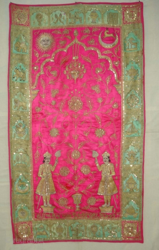 Mochi Bharat Embroidery of Gold and Silver zari work.Its Jain Ashatmangal and 24 Sapanas (Dreams)From Gujarat India.Its size is 90cmX157cm.Date is also Mention is the Piece.Very Rare Piece of Textile(DSC02538 New).  