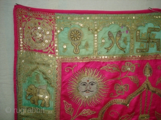 Mochi Bharat Embroidery of Gold and Silver zari work.Its Jain Ashatmangal and 24 Sapanas (Dreams)From Gujarat India.Its size is 90cmX157cm.Date is also Mention is the Piece.Very Rare Piece of Textile(DSC02538 New).  