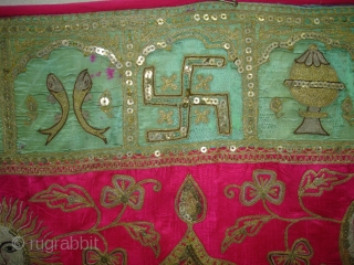 Mochi Bharat Embroidery of Gold and Silver zari work.Its Jain Ashatmangal and 24 Sapanas (Dreams)From Gujarat India.Its size is 90cmX157cm.Date is also Mention is the Piece.Very Rare Piece of Textile(DSC02538 New).  