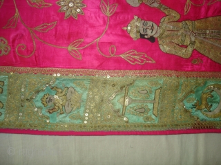 Mochi Bharat Embroidery of Gold and Silver zari work.Its Jain Ashatmangal and 24 Sapanas (Dreams)From Gujarat India.Its size is 90cmX157cm.Date is also Mention is the Piece.Very Rare Piece of Textile(DSC02538 New).  