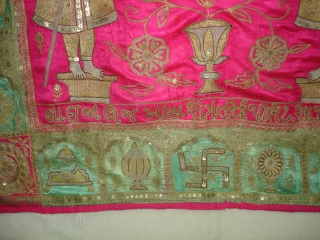 Mochi Bharat Embroidery of Gold and Silver zari work.Its Jain Ashatmangal and 24 Sapanas (Dreams)From Gujarat India.Its size is 90cmX157cm.Date is also Mention is the Piece.Very Rare Piece of Textile(DSC02538 New).  