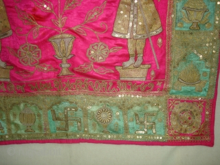 Mochi Bharat Embroidery of Gold and Silver zari work.Its Jain Ashatmangal and 24 Sapanas (Dreams)From Gujarat India.Its size is 90cmX157cm.Date is also Mention is the Piece.Very Rare Piece of Textile(DSC02538 New).  