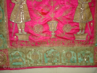 Mochi Bharat Embroidery of Gold and Silver zari work.Its Jain Ashatmangal and 24 Sapanas (Dreams)From Gujarat India.Its size is 90cmX157cm.Date is also Mention is the Piece.Very Rare Piece of Textile(DSC02538 New).  