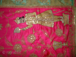 Mochi Bharat Embroidery of Gold and Silver zari work.Its Jain Ashatmangal and 24 Sapanas (Dreams)From Gujarat India.Its size is 90cmX157cm.Date is also Mention is the Piece.Very Rare Piece of Textile(DSC02538 New).  