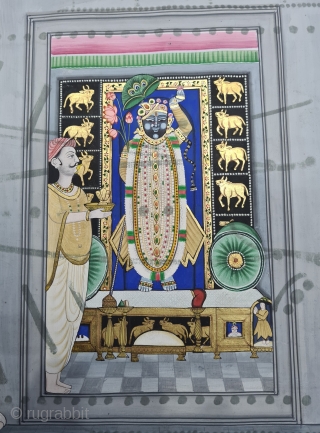 Manorath Miniature Painting of Shrinathji on the Occasion of Dussehra, C.1860-1900, From  Nathdwara Rajasthan India. India. Opaque watercolor, gold on paper. Its size is 44cmX59cm(20210216_162928).       