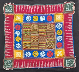 Ceremonial Banjara Baby Jolna From Madhya Pradesh. India. Known As Jolna.The Centre is worked in counted bricks stich, Framed with embroidery and applique work.
c.1900. Its Size is 87cmX93cm(20210220_180115).
     