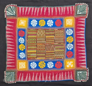 Ceremonial Banjara Baby Jolna From Madhya Pradesh. India. Known As Jolna.The Centre is worked in counted bricks stich, Framed with embroidery and applique work.
c.1900. Its Size is 87cmX93cm(20210220_180115).
     