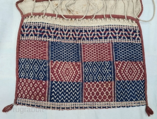 Donkey Saddle bag,A bound weaving of thick Hand Woven cotton with Natural Dyes.Having the Raw of Human Figures motif.
Used as a salt sack,
From Saurashtra, Gujarat, India.
C.1875-1900.
Its size is 75cmX120cm(20220215_162334).     