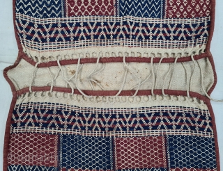 Donkey Saddle bag,A bound weaving of thick Hand Woven cotton with Natural Dyes.Having the Raw of Human Figures motif.
Used as a salt sack,
From Saurashtra, Gujarat, India.
C.1875-1900.
Its size is 75cmX120cm(20220215_162334).     