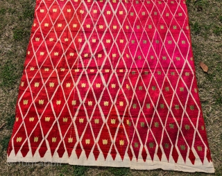 
Rare Thirma Phulkari  From West(Pakistan)Punjab. India. India. untwisted Floss silk on hand spun  white cotton  ground cloth. 

Early 19th Century. 

Its size is 120cmX245cm(20220216_135648).
      