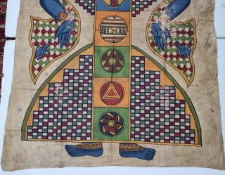 Jain Cosmology Painting of Lok Purush From Gujarat India.Hand Painted on the Cotton.The drawing is not just a painting for the sake of art. It contains deep explanations of Jain cosmology using  ...