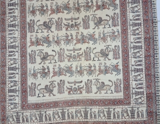 Persian Kalamkari Hand-Drawn Mordant-And Resist-Dyed Cotton, From Persia , Iran.

Several royal figures of all types of occupations and garbs are featured interacting with each other. Alongside these figures are numerous mythological beasts,  ...