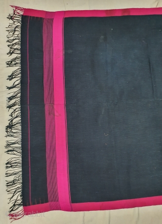 Waziri Shawl (Indigo Blue Colour With Yellow Stripe Check Design) for Man From Waziristan, Pakistan. India.C.1900.Natural Dye with Hand Woven Cotton and silk ends,with silk end borders.Its size is 129cmX230cm(20200229_141204).   