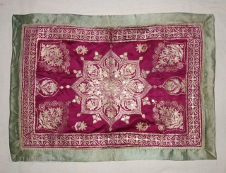 Mughal Aari Zari (Real) Embroidery Wall Hanging With floral Design From the Sidhpur Patan Gujarat, India.Real Zari Embroidery on the Gajji-Silk.C.1850.Its size is 48cmX68cm(DSC07779).         