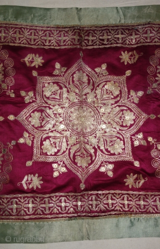 Mughal Aari Zari (Real) Embroidery Wall Hanging With floral Design From the Sidhpur Patan Gujarat, India.Real Zari Embroidery on the Gajji-Silk.C.1850.Its size is 48cmX68cm(DSC07779).         