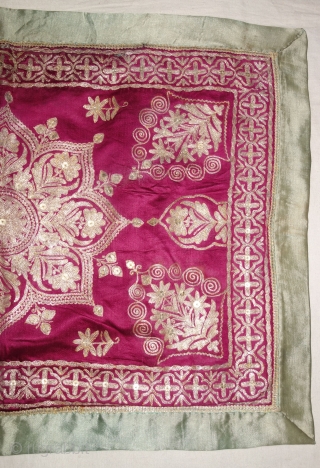 Mughal Aari Zari (Real) Embroidery Wall Hanging With floral Design From the Sidhpur Patan Gujarat, India.Real Zari Embroidery on the Gajji-Silk.C.1850.Its size is 48cmX68cm(DSC07779).         