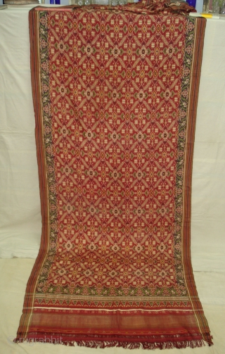 Patola Sari Silk Double ikat.Probably Patan Gujarat.India.19th Century.this Patola sari has the type of geometric,non figurative pattern particularly favoured by the ismaili Muslim merchant community of the Vohras.And its called Vohra-Gaji-Bhat.(Vohra Type  ...