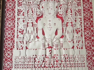 Jain Paper Art Work Pichwai, Showing The Lord Shri Parshwanath Ji, From Patan District of Shankheshwar  Gujarat, India.C.1900. Its size is 33cmX41cm. Good Condition (141722).       