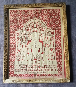 Jain Paper Art Work Pichwai, Showing The Lord Shri Parshwanath Ji, From Patan District of Shankheshwar  Gujarat, India.C.1900. Its size is 33cmX41cm. Good Condition (141722).       