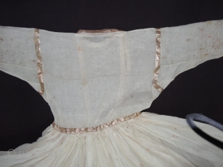 Angarkha(Coat)Man's Costume fine Muslin Cotton with Gota Pati and Badala work,with front opening,with large skirt shape, From Lucknow ,Utter Pradesh. India.C.1900.Worn by Royal Nawab Muslims Family Of Lucknow.Its size is L-150cm,S-16X62cm,Skirt circle  ...