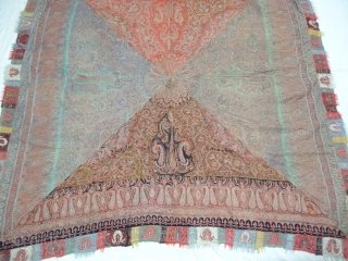 Char-Bagh Embroidered Square shawl(Rumal),From Kashmir India.C.1860.Four Section of Different Colours variations with embroidery known as Char-Bagh. Rare kind of Square Shawl(Rumal).Its size is 192cmX200cm. Ask more Detail Pictures(DSC05024).     