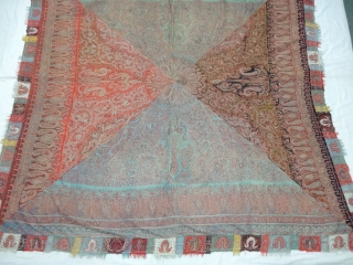 Char-Bagh Embroidered Square shawl(Rumal),From Kashmir India.C.1860.Four Section of Different Colours variations with embroidery known as Char-Bagh. Rare kind of Square Shawl(Rumal).Its size is 192cmX200cm. Ask more Detail Pictures(DSC05024).     
