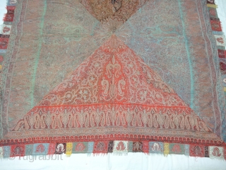 Char-Bagh Embroidered Square shawl(Rumal),From Kashmir India.C.1860.Four Section of Different Colours variations with embroidery known as Char-Bagh. Rare kind of Square Shawl(Rumal).Its size is 192cmX200cm. Ask more Detail Pictures(DSC05024).     