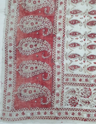 Kalamkari  from South India. India. Made for Export Market, Printed on Khadi Thick cotton with Kery Design, Late 19th Early 20th Century. Its size is 142cmX180cm (20200304_143159).      