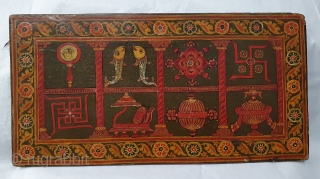 Sutra Book Cover An Jain KalpSutra Subject,Painted on Wooden, Showing When Mahavir was born his mother Trishala, During her pregnancy,Mother was believed to have had a number of auspicious dreams, all signifying the coming of  ...