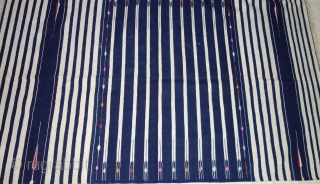 Indigo Blue,Jail Dhurrie(Cotton)Blue-White striped with mahi motif. Bikaner, Rajasthan. India.C.1900.Its size is 120X205cm. Condition is very good(DSC07808).                