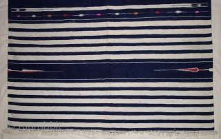 Indigo Blue,Jail Dhurrie(Cotton)Blue-White striped with mahi motif. Bikaner, Rajasthan. India.C.1900.Its size is 120X205cm. Condition is very good(DSC07808).                