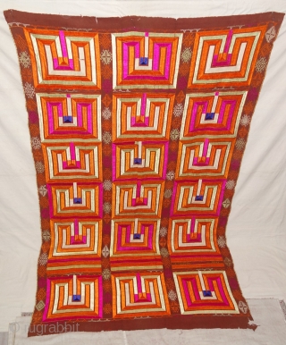 Phulkari From East(Punjab) India.Known as Bhul Bhalaya(Maze) Game. Handspun cotton plain weave (khaddar) with silk and cotton embroidery,Showing the Folk Game of maze Punjab. Its size is 140cmX230cm(DSC07820).
     