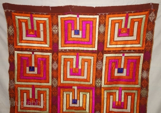 Phulkari From East(Punjab) India.Known as Bhul Bhalaya(Maze) Game. Handspun cotton plain weave (khaddar) with silk and cotton embroidery,Showing the Folk Game of maze Punjab. Its size is 140cmX230cm(DSC07820).
     