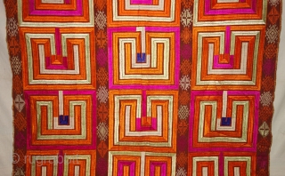 Phulkari From East(Punjab) India.Known as Bhul Bhalaya(Maze) Game. Handspun cotton plain weave (khaddar) with silk and cotton embroidery,Showing the Folk Game of maze Punjab. Its size is 140cmX230cm(DSC07820).
     