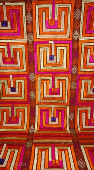 Phulkari From East(Punjab) India.Known as Bhul Bhalaya(Maze) Game. Handspun cotton plain weave (khaddar) with silk and cotton embroidery,Showing the Folk Game of maze Punjab. Its size is 140cmX230cm(DSC07820).
     