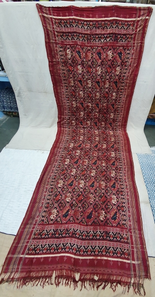 Nari Kunj Patola Saree, Silk Double Ikat, Probably Patan Gujarat. India.This Patola uses one of the rarest designs, known as Nari Kunj Patola. This Patola is showing the Popat Kunjar Bhat, Hathi  ...