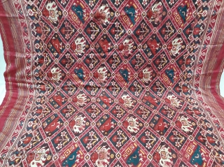 Nari Kunj Patola Saree, Silk Double Ikat, Probably Patan Gujarat. India.This Patola uses one of the rarest designs, known as Nari Kunj Patola. This Patola is showing the Popat Kunjar Bhat, Hathi  ...