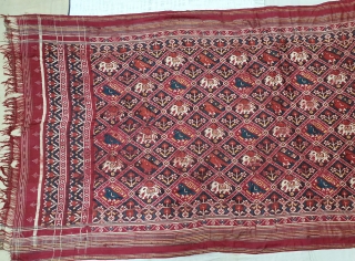 Nari Kunj Patola Saree, Silk Double Ikat, Probably Patan Gujarat. India.This Patola uses one of the rarest designs, known as Nari Kunj Patola. This Patola is showing the Popat Kunjar Bhat, Hathi  ...