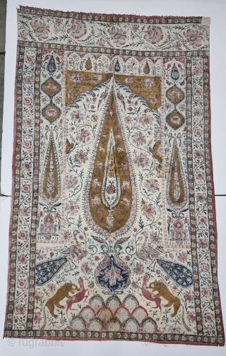 Kalamkari Palampore from South India. India. 
Hand-Drawn Mordant-And Resist-Dyed Cotton, with exotic birds, peacocks, tigers, stylized mountain and cypress trees all within mihrab.

Made for Export Market, 

Late 19th Early 20th Century. 

Its  ...