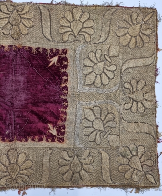 Zardozi Kalabattu Embroidery (Real Zari) Work Velvet Bichona, with real zari frills Known as Takhatposh, With Manchester Print Backing, From the Royal Nawab Family of Uttar Pradesh. India. 
C.1900-1935.
Its size is 72cmX115cm (20230317_132608).
.
 