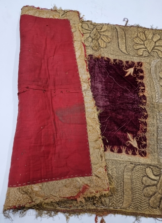 Zardozi Kalabattu Embroidery (Real Zari) Work Velvet Bichona, with real zari frills Known as Takhatposh, With Manchester Print Backing, From the Royal Nawab Family of Uttar Pradesh. India. 
C.1900-1935.
Its size is 72cmX115cm (20230317_132608).
.
 