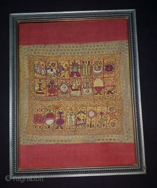 Sutra Book Cover An Jain Mochi Bharat Embroidery From Kutch, Gujarat. India.Showing When Mahavira was born his mother Trishala, During her pregnancy,Mother was believed to have had a number of auspicious dreams,  ...