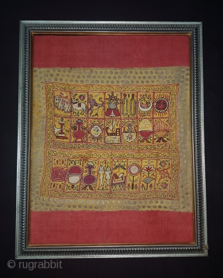Sutra Book Cover An Jain Mochi Bharat Embroidery From Kutch, Gujarat. India.Showing When Mahavira was born his mother Trishala, During her pregnancy,Mother was believed to have had a number of auspicious dreams,  ...